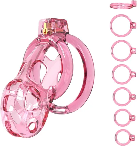 Miniatura 8 de Jaula de castidad masculina jaula suave para polla de castidad con 6 anillos, un catéter, dispositivos de castidad para hombres, ejercicios de pene