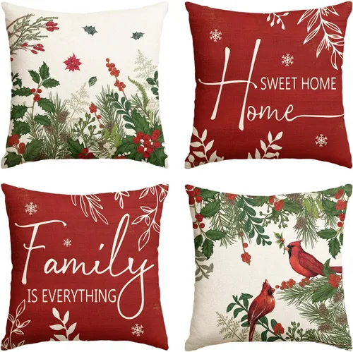 AVOIN colorlife Fundas de Cojines Decorativos Navideños Cardinal Home Sweet Home Poinsettia Bayas de Acebo, 16 x 16 Pulgadas Family is Everything
