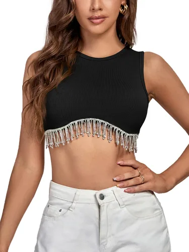 Miniatura 5 de Rooscier Camiseta corta sin mangas con diamantes de imitación acanalados para mujer