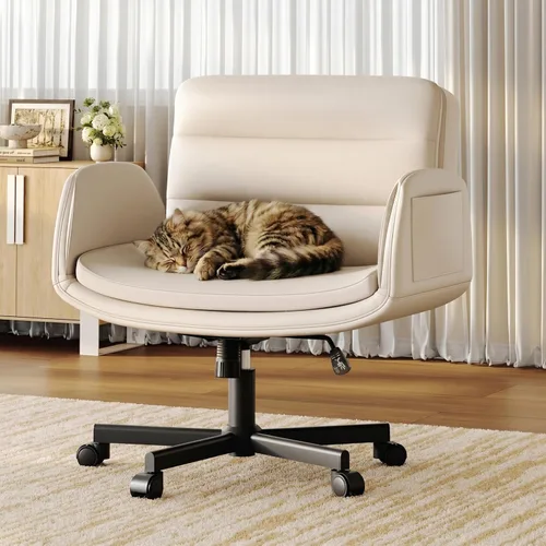 Silla cruzada con brazos abatibles y ruedas giratorias, silla de tocador con altura ajustable y bolsillos laterales, cómodo asiento ancho