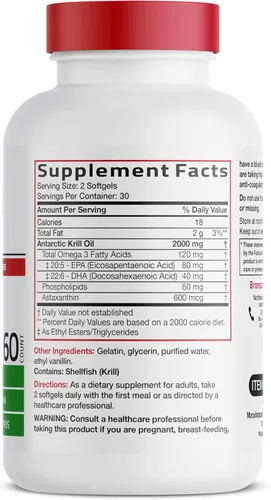 Miniatura 2 de Bronson Antarctic Krill Oil 2000mg with Omega-3s EPA, DHA, Astaxanthin and Phospholipids 60 Softgels