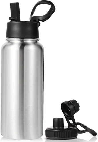 Miniatura 46 de Neihepal Botella de agua aislada de 32 onzas con 2 tapas (tapa con pajilla y boquilla), botellas de agua de doble pared de acero inoxidable 18/8