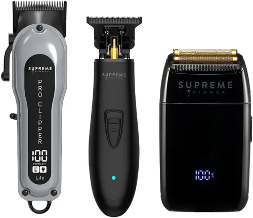 Supreme Trimmer Paquete de Barbero 3 en 1 | Pro Clipper Lite, Recortadora DLC T-Shaper, Afeitadora de Lámina Crunch Lite | Kit Profesional de