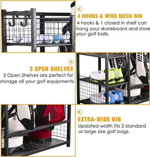 Miniatura 3 de SNAIL Golf Bag Garage Storage Organizer Extra Large Size Golf Bag Rack Stand Holder Fits 2 Golf Bags and Other Golfing Equipment Accessories, Metal