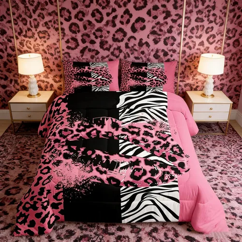 Miniatura 15 de Juego de edredón Manfei Leopardo Rosa Tamaño Individual, Juego de ropa de cama con estampado de cebra negro y blanco 2 piezas para decoración