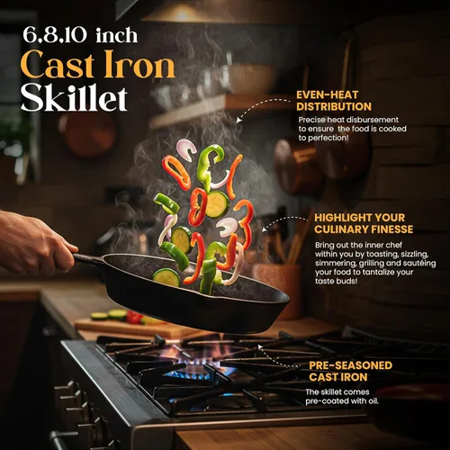 Miniatura 3 de Utopia Kitchen Juego de sartenes de hierro fundido de 3 piezas, sartén para chefs, sartenes de hierro fundido pre-sazonadas, 6, 8 y 10 pulgadas, Rojo