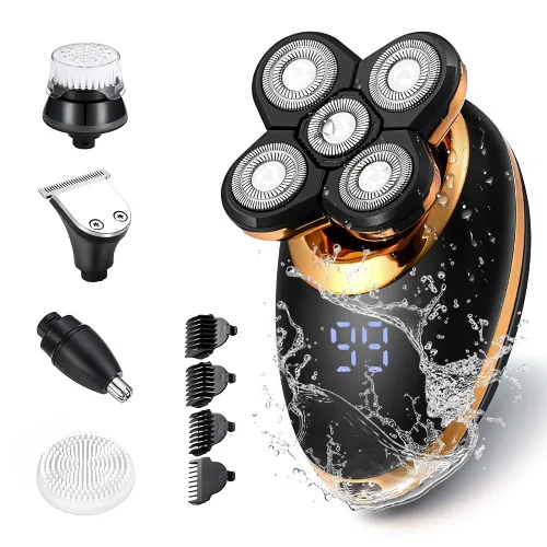 Afeitadoras eléctricas para hombres, afeitadoras 5 en 1 de cabeza calva para hombres, 5D flotante inalámbrica, recargable, portátil, kit de aseo