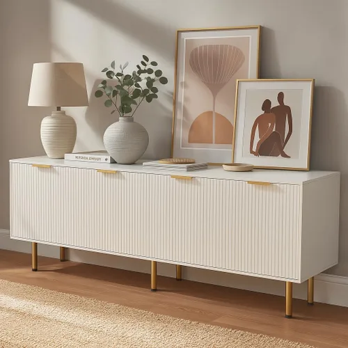 Miniatura 10 de Soporte de TV para TV de 80 pulgadas, soporte de TV acanalado para sala de estar, soporte de TV moderno de mediados de siglo con estante ajustable