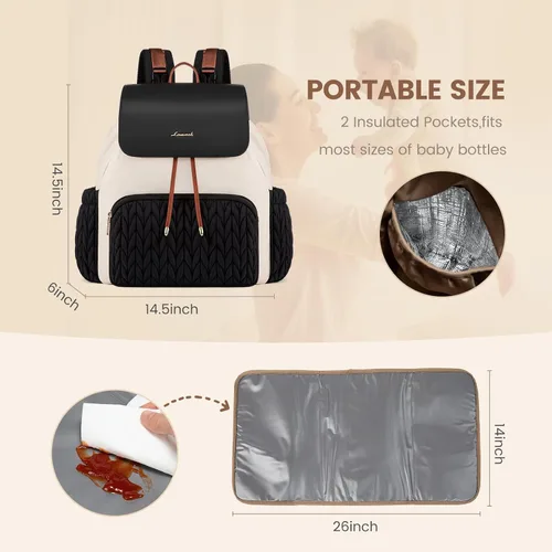 Miniatura 5 de LOVEVOOK Mochila para pañales, bolsa de bebé pequeña, bonita bolsa de pañales para bebé, elegante bolsa de viaje resistente al agua para mamá, Negro