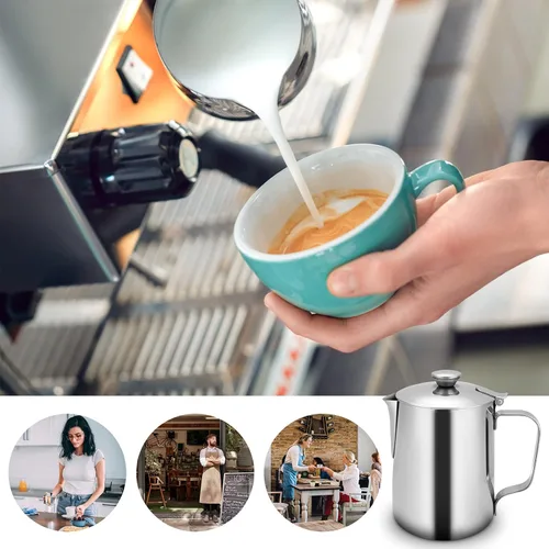 Miniatura 5 de Vaso espumador de leche de acero inoxidable con tapa, jarra de vapor de café expreso de 13.8 fl oz, jarra de espuma de leche barista para arte