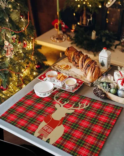 Miniatura 2 de Juego de 4 manteles individuales de reno de Navidad para mesa de comedor, alce de Navidad con bufanda, a cuadros de búfalo rojo, verde, duradero