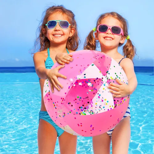 Miniatura 3 de TURNMEON 5 Pelotas de Playa con Purpurina, Jumbo de 24 Pulgadas y 16 Pulgadas con Lentejuelas Rosas Pelotas de Playa Inflables para Niños Pequeños