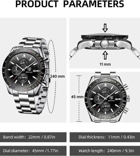 Miniatura 6 de BY BENYAR Relojes para hombre, cronógrafo analógico de cuarzo, 30M, resistente al agua, luminoso, de cara grande, relojes para hombre, negocios