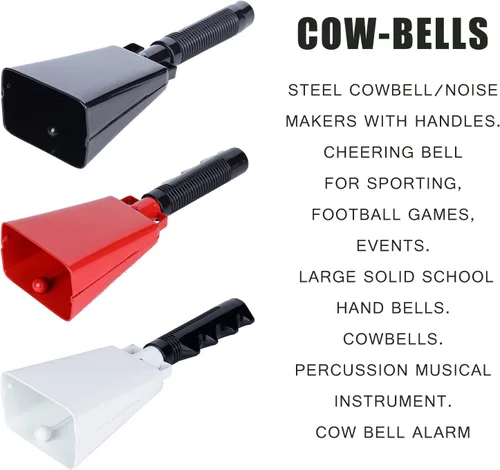 Miniatura 7 de Steel Cow Bell Noise Makers: cencerros de percusión de mano para eventos deportivos, cencerro grande de 8 pulgadas con asa para juegos de fútbol, Rad
