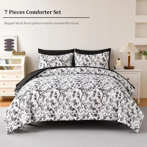 Miniatura 3 de Juego de edredón para cama Queen, juego de cama de 7 piezas en una bolsa, de microfibra suave, patrón floral de hojas negras sobre blanco