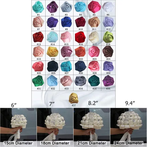 Miniatura 3 de Ramo de novia de 8 pulgadas con rosas de satén de 8 pulgadas con broches de cristal dorado hecho a medida, arreglo de centro de mesa, ramo azul real