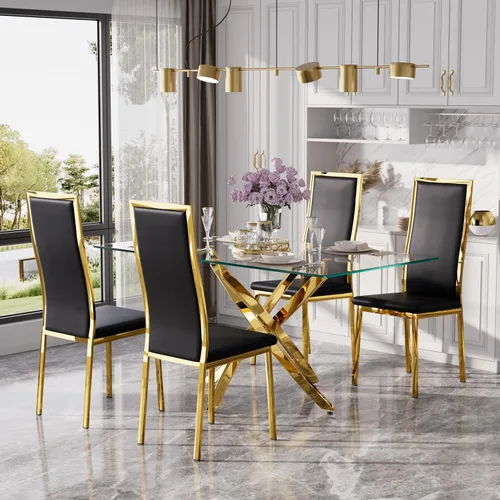 Miniatura 29 de Juego de mesa de comedor de cristal dorado moderno de 63 pulgadas para 6, juego de mesa de cocina rectangular de 7 piezas con patas de acero Negro