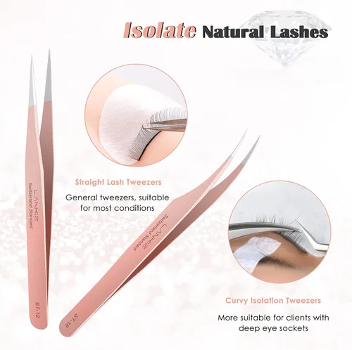 Miniatura 2 de LANKIZ Juego de 5 pinzas para extensiones de pestañas, de acero inoxidable, pinzas para extensiones de pestañas con volumen, pinzas de oro rosa