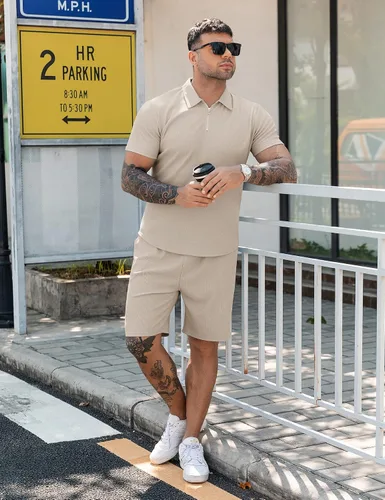 Miniatura 2 de URRU Conjunto de camisa polo y pantalones cortos para hombre, trajes de verano casuales de manga corta para hombre, conjunto de 2 piezas