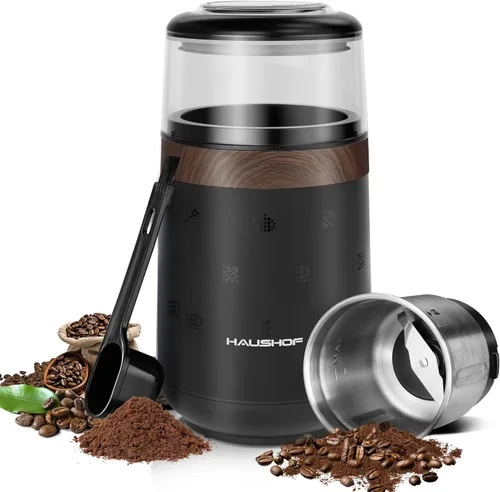 HAUSHOF Molinillo de Café Eléctrico, Diseño de Un Solo Toque, Especias, Hierbas, Molinillo para Granos de Café, Especias y Semillas con 1 Tazón