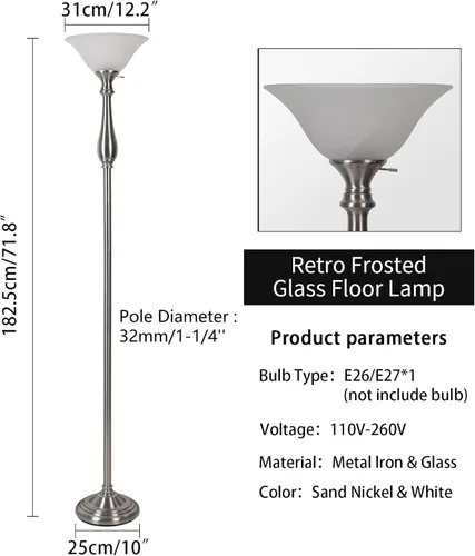 Miniatura 3 de HonoDing Torchiere - Lámpara de pie para sala de estar, lámpara de pie con pantalla de cristal de alabastro blanco, lámparas de pie de níquel