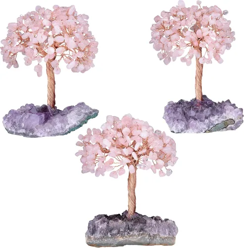Miniatura 4 de rockcloud Árbol de dinero con piedra de cristal de cuarzo rosa natural con base de racimo de cristal de cuarzo amatista, árbol bonsái, Feng Shui