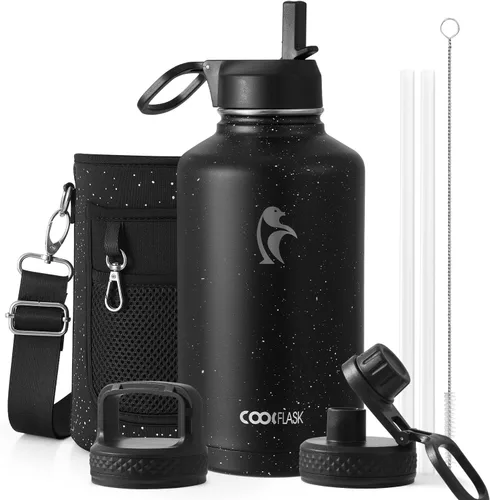 Miniatura 117 de Coolflask Botella de agua de 20 onzas aislada con pajilla, 3 tapas de metal de acero inoxidable, botella de agua de boca ancha para deportes u