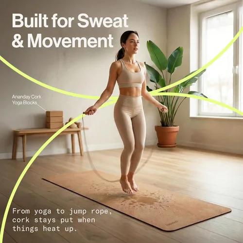 Miniatura 9 de Ananday Esterilla de yoga de corcho de alta calidad, sostenible, no tóxica y sin PVC, antideslizante, perfecta para yoga caliente, pilates