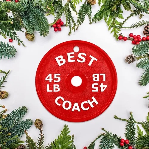 Miniatura 3 de Adorno redondo de cerámica colgante de Navidad divertido gimnasio con mancuernas decorativas para colgar recuerdos navideños personalizables