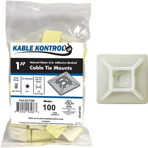 Kable Kontrol Soportes para bridas de cremallera, 1 pulgada cuadrada, blanco natural, 100 unidades, cuadrados de montaje multiusos con respaldo