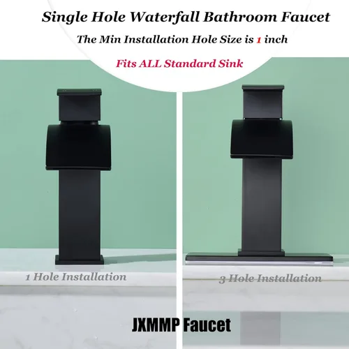 Miniatura 5 de Grifo de baño de cascada negra de un solo agujero, grifo de lavabo de baño con escurridor desplegable y placa de cubierta para instalación de 3