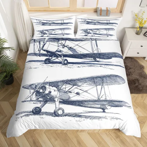 Feelyou Juego de ropa de cama de avión, tamaño individual, para niños, adolescentes, funda de edredón para vuelo, helicóptero, avión volador, azul y