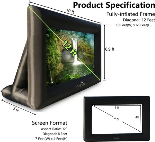 Pantalla de proyector inflable de 12 pies para aire libre e interior, soplador de ver películas, amarres, estacas, bolsas de arena y bolsa de Negro