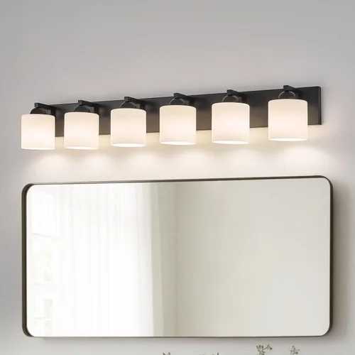 Miniatura 12 de mirrea Lámpara de tocador negra de 1 luz para espejo, aplique de pared de baño con pantallas de vidrio blanco esmerilado