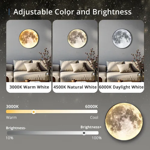 Miniatura 3 de Lámpara de pared de luna regulable de 9.5 pulgadas con control remoto, moderna lámpara de pared LED enchufable, lámpara de pared negra de 12 W