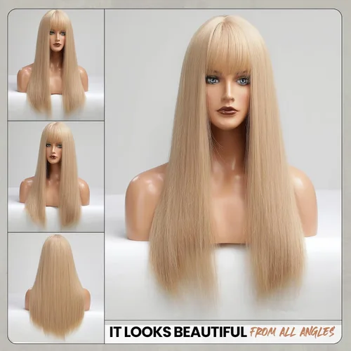 Miniatura 2 de EMMOR - Peluca rubia clara con flequillo para mujer, peluca larga y recta sintética para niñas, ideal para cosplay y uso diario