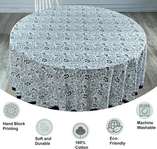 Miniatura 2 de Ridhi Mantel redondo 132 de 100 % algodón, color azul vaquero, estampado a mano, lavable, reutilizable, para fiestas, bufé, comedor, bodas, campo