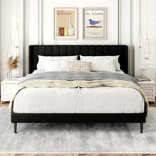 Miniatura 18 de Gruwans Estructuras de Cama Individual con Cabecera Wingback, Camas de Plataforma Tapizadas, No Necesita Somier, Soporte Resistente de Listones