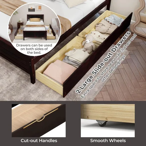 Miniatura 4 de Giantex Cama individual de madera con 2 cajones de almacenamiento, plataforma de madera maciza con cabecero, base de colchón de soporte de listones