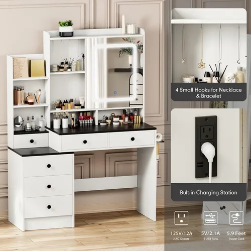 Miniatura 3 de KAMABOKO Escritorio de tocador con luz y espejo, mesa de maquillaje blanca con cajones y estación de carga, 3 modos ajustables para dormitorio y 042