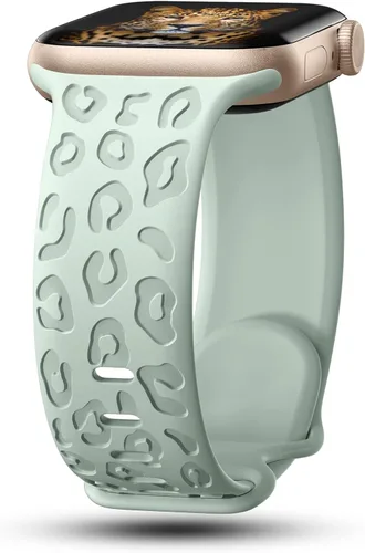 Miniatura 12 de CreateGreat Bandas Grabadas Compatibles con Apple Watch de 40mm 41mm 38mm 42mm 44mm 45mm 46mm 49mm, Correa de Silicona Suave con Patrón de Leopardo