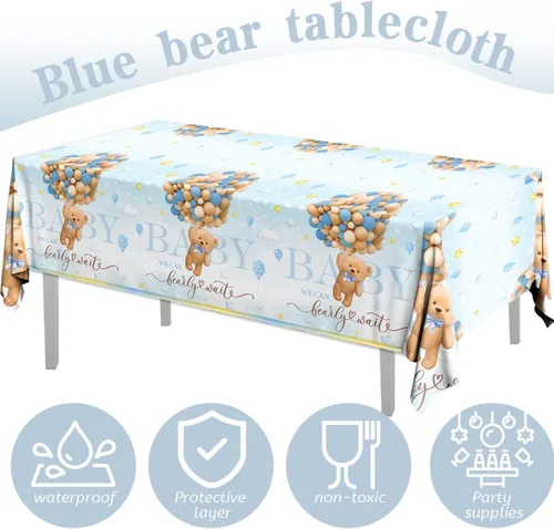 Miniatura 6 de Bearly Wait - Decoraciones para baby shower, 3 piezas de oso de peluche azul, manteles de oso de plástico para bebé, fundas de mesa para niños