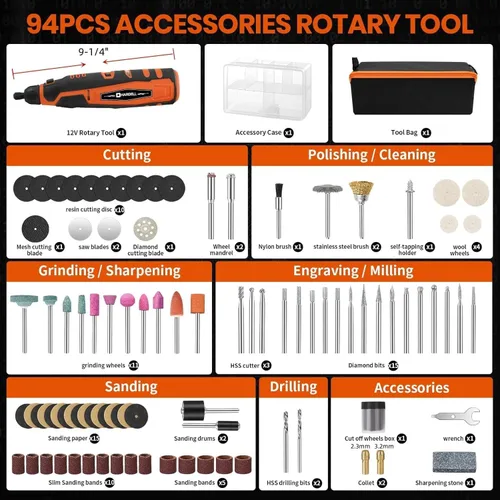Miniatura 2 de HARDELL Herramienta rotativa inalámbrica de 12 V, kit de herramientas rotativas de 6 velocidades, herramientas rotativas eléctricas de 30000 RPM