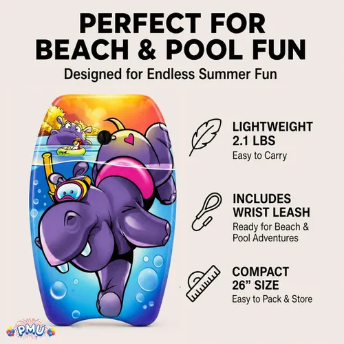 Miniatura 7 de PMU Bodyboard impreso de 26 pulgadas, correa de muñeca ligera, parte inferior lisa para playa, tabla de surf para niños, adolescentes y adultos