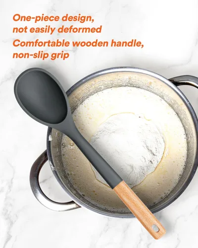 Miniatura 3 de Cucharas de cocina grandes de silicona, cuchara antiadherente con mango de madera maciza, cucharas de cocina de silicona resistentes al calor