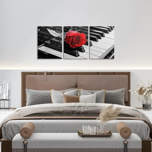 Miniatura 4 de Erosebridal Juego de 3 lienzos de pared en lienzo con teclado de piano en blanco y negro, instrumentos musicales, decoración de pared para sala
