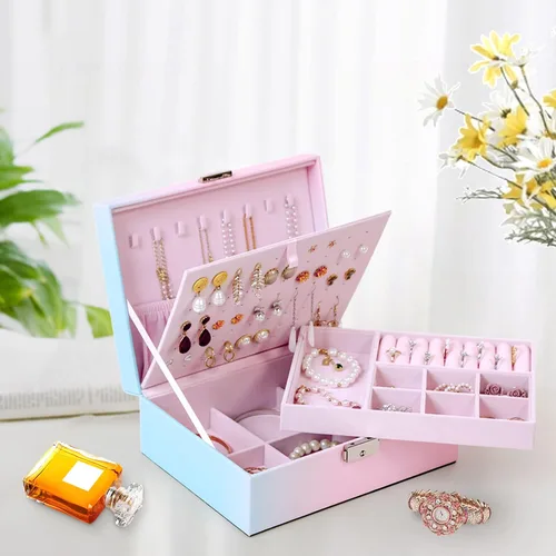 Miniatura 7 de Kendal Joyero para mujeres y niñas, organizador de joyas de 2 capas, piel sintética con cierre y forro de terciopelo suave, portátil, almacenamiento