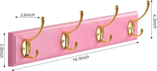Miniatura 4 de Perchero de bambú para montaje en pared, 17 pulgadas, 4 ganchos dobles, paquete de 2, rosa y dorado