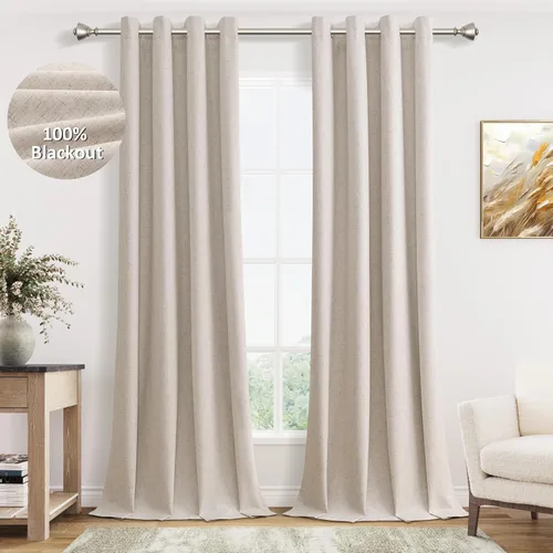 Miniatura 13 de Cream Linen Blackout Curtains 90 Length 2 Panels Set for Living Room Bedroom, 100% Black Out Thermal Insulated Linen Drapes, Room Darkening Grommet