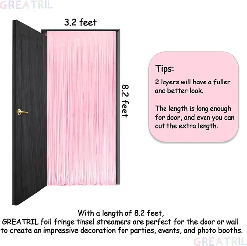 Miniatura 4 de GREATRIL Cortinas de flecos de papel de aluminio rosa pastel, 2 paquetes y manteles de fiesta rosa, 2 paquetes para decoración de fondo de fiesta